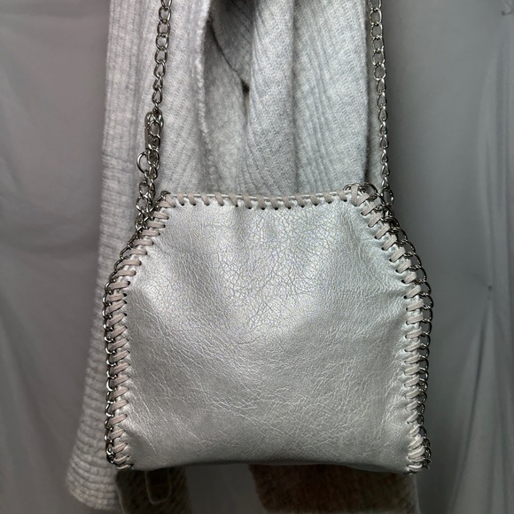 Silver Metallic Crossbody Convertible Chain Bag Faux Leather Shoulder Purse - Picture 1 of 13